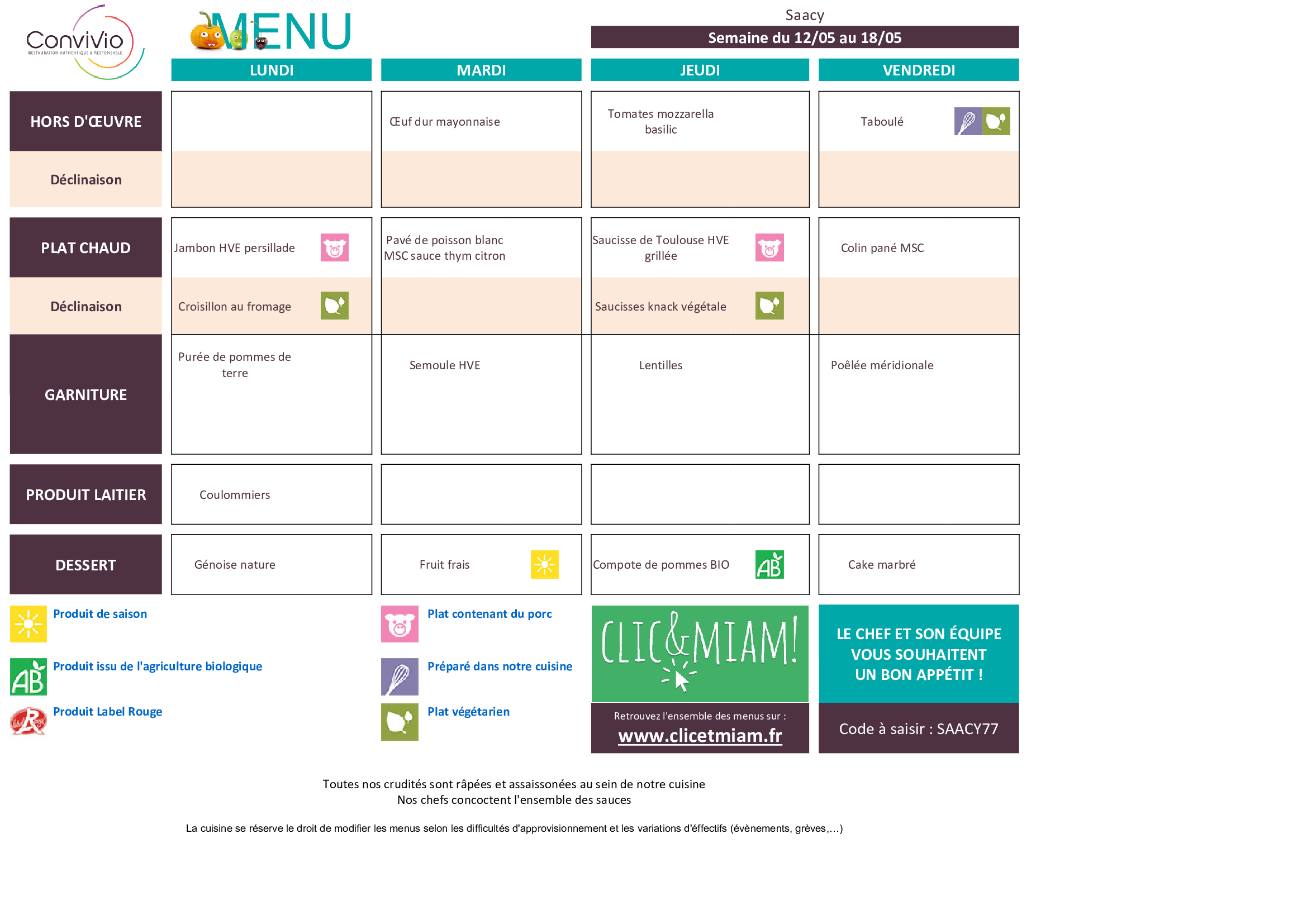 CONVIVIO menu semaine n20