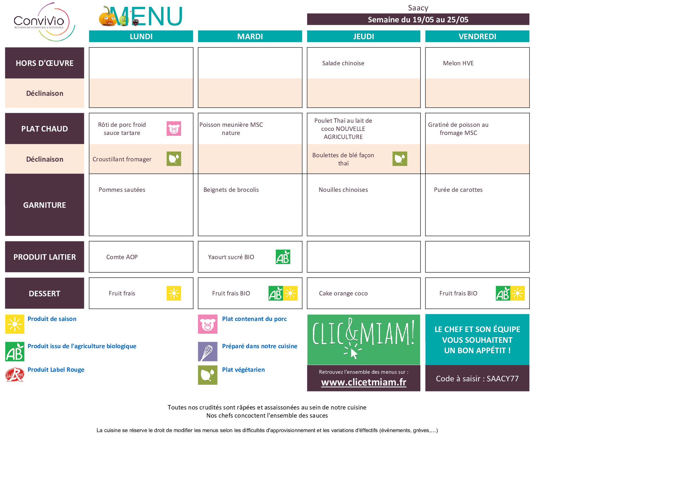 CONVIVIO menu semaine n21