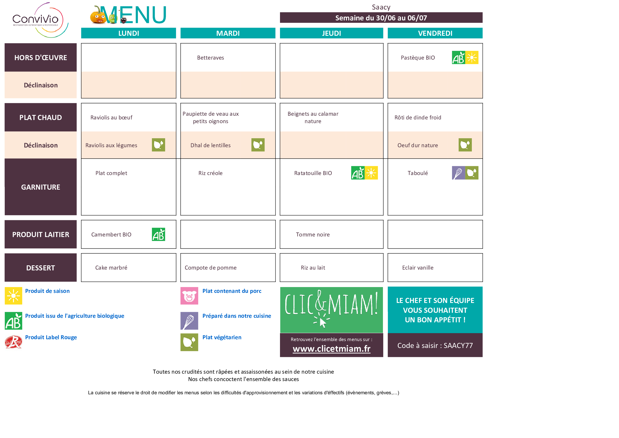 CONVIVO Menus semaine n 27